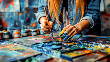 An artist's hands mixing colors on a vibrant palette, capturing the essence of creativity in art. - obrazy, fototapety, plakaty