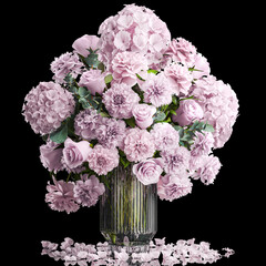 Solemn bouquet of pink flowers vase roses peonies hydrangea isolated on black background