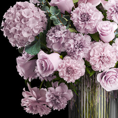 Solemn bouquet of pink flowers vase roses peonies hydrangea isolated on black background