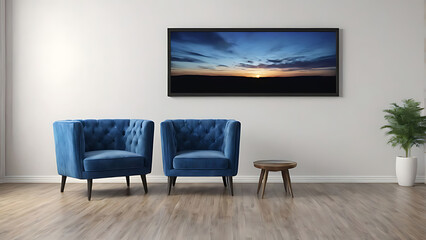 an armchair on a light background with an empty frame on the wall. mockup in a modern minimalist interior