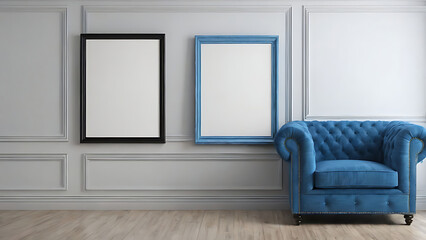 an armchair on a light background with an empty frame on the wall. mockup in a modern minimalist interior
