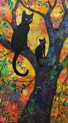 Cat teaching kittens, book on climbing trees, pop art