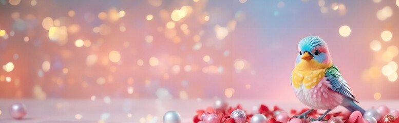 Colourful cute bird with crystal & blurred bokeh valentine christmas background. banner pastel...