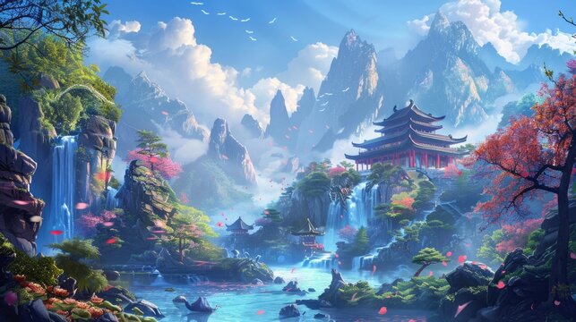 Fantasy Scene in Chinese Style. Digital Illustration of a Cartoon Landscape, Perfect for Video Games or Artwork Backgrounds