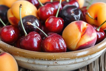 Fresh Stone Fruits in a Wooden Bowl on White Table: Cherry, Peach, and Plum Food Background