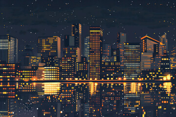 Building and City Illustration, City scene on night time. Illustration made of little squares.