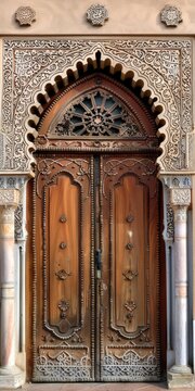 Front view of an Door with a Traditional Moroccan Design. Oriental style decoration with Script - Rabat