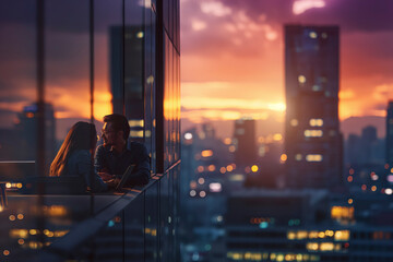 mirror reflection of A couple is talking dinning in front of a city skyline window. The sky is orange and the city is lit up with lights backgroundYoung couple enjoys cityscape at sunset, - obrazy, fototapety, plakaty