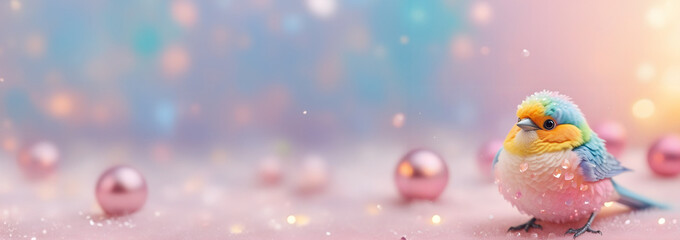 Colourful cute bird with crystal & blurred bokeh valentine christmas background. banner pastel...