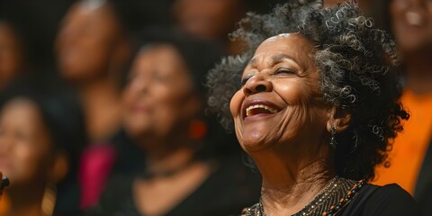 Elderly woman joyfully singing with choir symbolizing happiness and togetherness. Concept Music, Choir, Elderly, Happiness, Togetherness