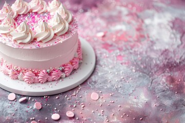 Obraz na płótnie Canvas Happy Birthday! Pink Birthday Cake with Pink Striped Background and Copyspace for Birthday Party Invitations or Celebrations