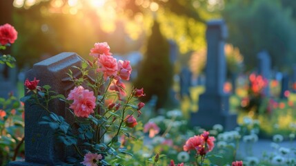 Headstones and Flowers in Cemetery: A tribute to the ancient burial customs  - obrazy, fototapety, plakaty