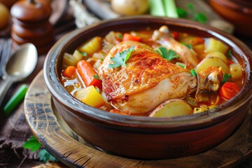 Homemade Chicken Stew with Paprika Seasoning | Rustic Bowl of Fresh Poultry Thigh Meat, Potatoes, Carrots, and Celery (Selective Focus) - obrazy, fototapety, plakaty