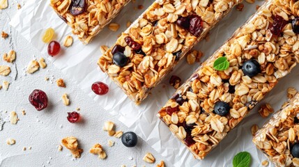 Obraz na płótnie Canvas Homemade Granola Bars - Top View of Healthy Snack Made with Cereal and Protein for Energy Boost on White Baking Paper