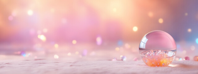 Glass clear ball with crystal inside on bokeh blurred. Valentine or Christmas background . banner copy space - obrazy, fototapety, plakaty