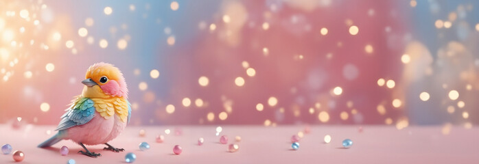 Colourful cute bird with crystal & blurred bokeh valentine christmas background. banner pastel color with copy space