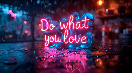 Do what you love. Motivational neon pink red words text inscription on a blurred street rainy...