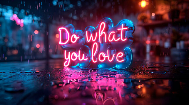 Naklejki Do what you love. Motivational neon pink red words text inscription on a blurred street rainy background. 
