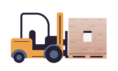 Yellow forklift with pallet boxes on isolated background. Simple cargo flat vector illustration