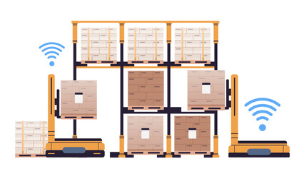 Warehouse storage shelf and automated forklifts on isolated background. Automatization flat vector illustration