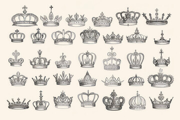 Collection of crowns, vintage illustration. Line art.