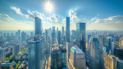 Obraz premium Sun-drenched skyscrapers cast long shadows across a bustling city financial district. Gleaming steel and glass reflect the energy of the market.