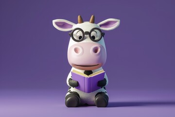 Cute little cow in glasses reading a book.