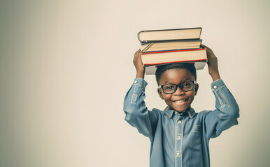 Joyful junior schoolboy in glasses with pleasant smile holds stack of books on head. African American boy enjoys carefree moment after school lessons.