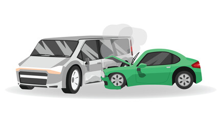 Vector or illustration car crash accident. Sport car crash to the middle of the van. Hood of green car open with smoke. Background on isolated.