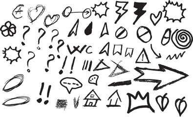 Handwritten doodle elements. Doodle icon set. Check mark hand drawn with different circle arrows, star, arrow mark element. crazy hatches, ovals and crosses. Each element is united and isolated