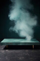 a large Cyan marble coffee table in the background, in the style of smokey background, mysterious atmosphere