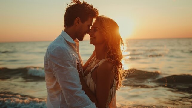 Marry me! Young couple of lovers man and woman hug kiss and laughing on the seashore on sunset. Love near sea. Emotions Summer Lifestyle People Feelings Travel Anniversary