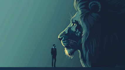 Clash of Titans: Man Confronts Lion in Illustration