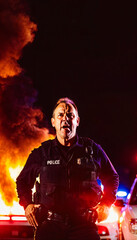 Obraz premium photo of police officer law enforcement standing at night with explosive scene fire and smoke in background, generative AI