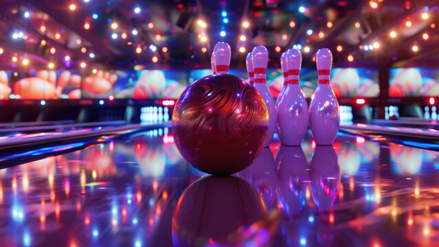 Neon Elegance: Bowling Club Scene with Pins and Ball
