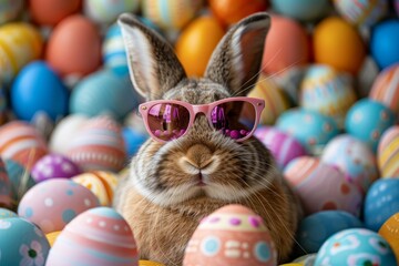 Fototapeta na wymiar A brown Easter bunny with pink sunglasses surrounded by colorful eggs, Easter theme.