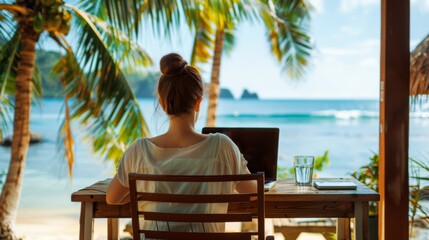 Freelance worker work at computer in resort sea beach wallpaper background