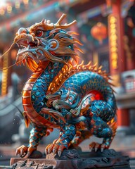 Fototapeta premium Dragon, Silk, Mythical creature of wisdom, Posing majestically in a temple courtyard, Photography, Backlights, Vignette