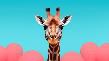 Obraz premium Purr-fect Love: giraffe on Blue Background with Heart