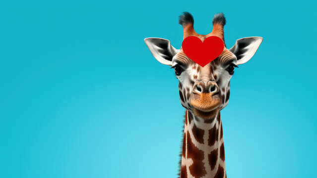 Purr-fect Love: giraffe on Blue Background with Heart