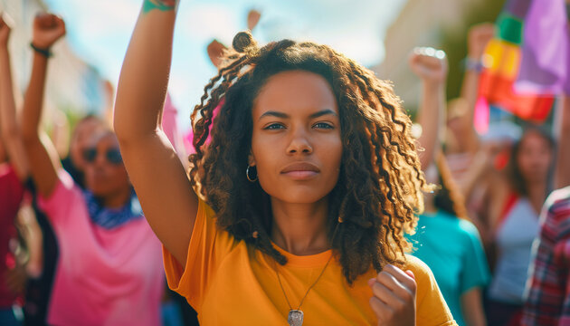 Beautiful black woman with fist raised during a peaceful protest on the street. Pride month. Fiminity protest. Black lives matter.