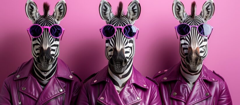funny zebras wearing purple leather jackets and sunglasses