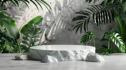 A blank white round table among tropical plants with sunlight, beautiful leaves shadow on white wall in background. Mock up, Display, Podium, Stand.