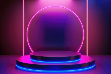Abstract 3D dark blue cylinder pedestal podium with glowing semicircle neon backdrop. Technology futuristic scene. Sci-fi platform concept. Modern vector rendering for product display presentation