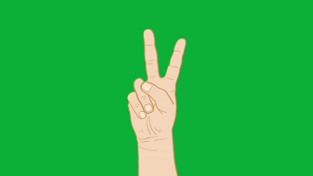 Hand drawn hand sign isolated on green screen. One hand on a green background shows the sign of peace. hand holding up two fingers animation.
