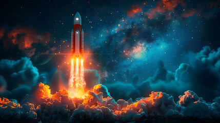 Rocket launch. The spaceship takes off into the night sky. The scientific mission of the flight. The rocket delivers cargo to the space station.