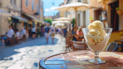 Ice cream in glass cup standing on street cafe table wallpaper background - Powered by Adobe