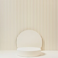 An empty pedestal in front of white striped walls, in the style of minimalist stage designs.
