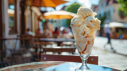 Fototapeta premium Ice cream in glass cup standing on street cafe table wallpaper background