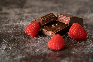 Chocolate chips with dried fruit and fresh raspberries